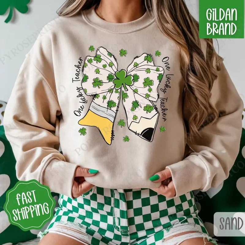 St Patrick Teacher Bow Sweatshirt, St Patrick's Day Crewneck, Cute Women's Sweater T-Shirts, Hoodie | HypeDripTees.com