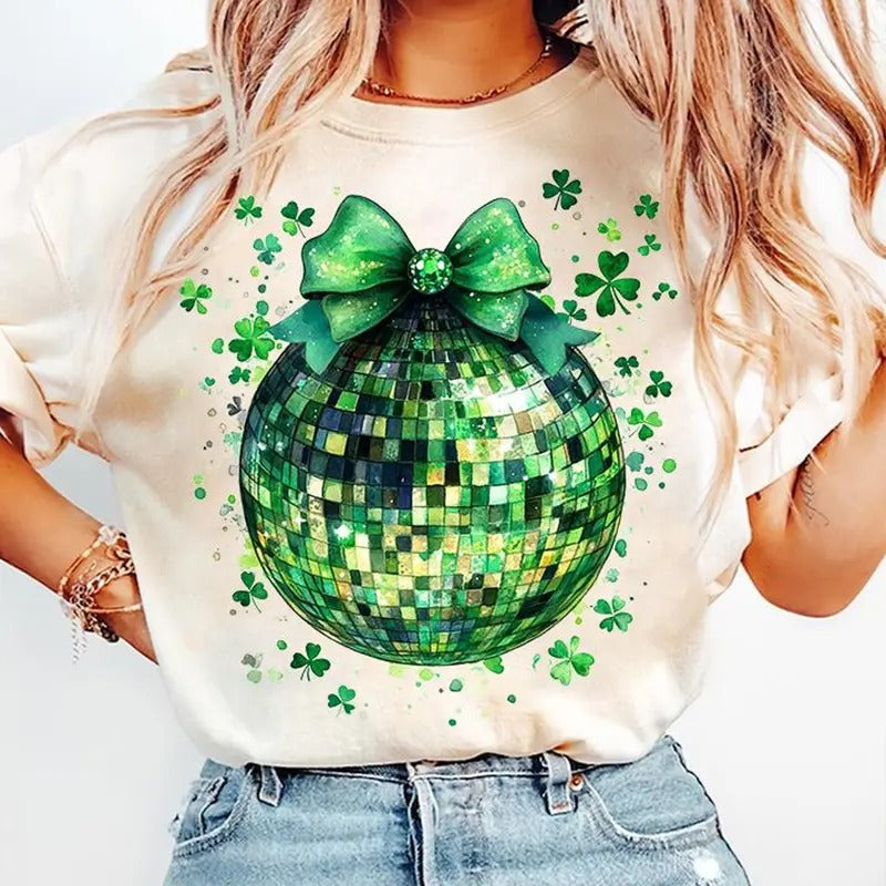 St Patricks Day Disco ball Coquette Bow Four Leaf Clover Lucky Shamrock Bow Lucky Charm Irish Day Shirt Design St Pattys...
