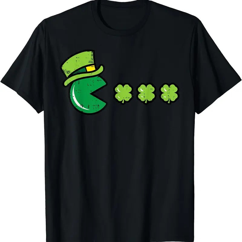 St Patricks Day Eating Shamrock Retro Gamer Men Boys T-Shirt | Unisex Cotton Tee, Short Sleeve, Crewneck, Size S-5XL...