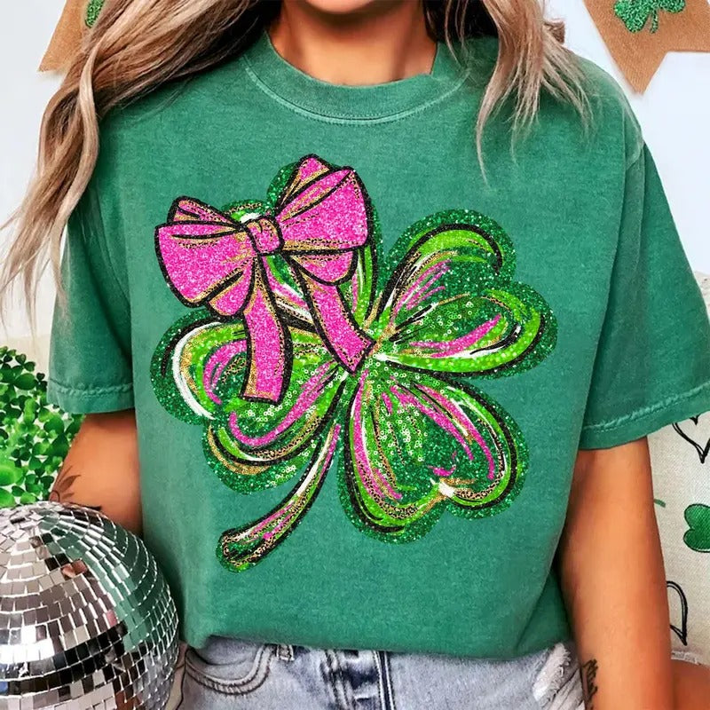 St Patricks Day Shamrock Coquette Sequins Glitter T-Shirt, St Pattys Day T-Shirt, Four Leaf Clover Sequin Shirt, Patricks...