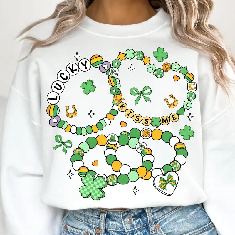 St.Patricks Day Friendship Bracelet Sweatshirt, St.Patricks Day Coquette Shirt, Lucky Shamrock Shirt Hoodie