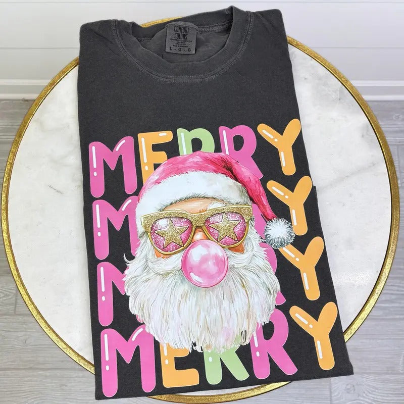 Stacked Merry Retro Santa Comfort Colors T-Shirt Hoodie, Sweatshirt | HypeDripTees.com