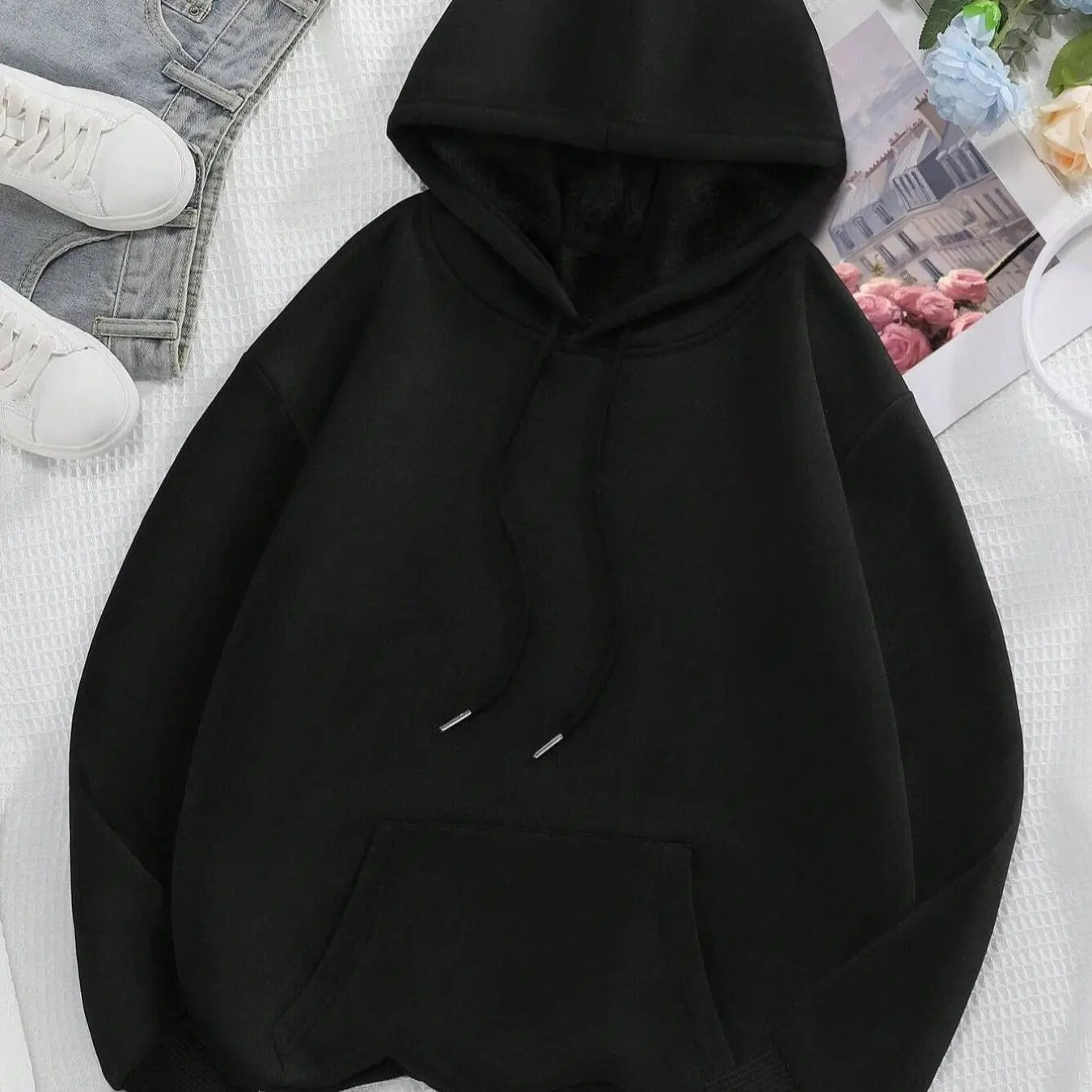 Women's Plain/Star Print Drop Shoulder Hoodie, Fashion Casual Drawstring Pocket Hooded Sweatshirt for Daily Holiday...