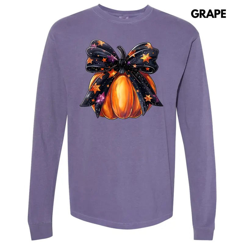 Starry Bow Pumpkin Long Sleeve Comfort Colors T-Shirt 'NLB' Hoodie, Sweatshirt | HypeDripTees.com