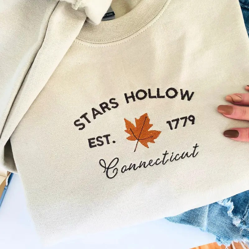 Stars Hollow Connecticut Sweatshirt -  Stars Hollow Embroidered Crewneck - Cozy Fall Embroider Sweater T-Shirts, Hoodie