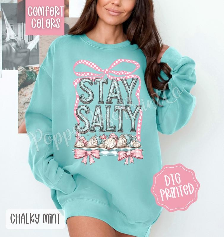 Stay Salty Coquette Comfort Colors Sweatshirt, Cute Summer Sweater, Girly Beach Crewneck T-Shirts, Hoodie | HypeDripTees.com