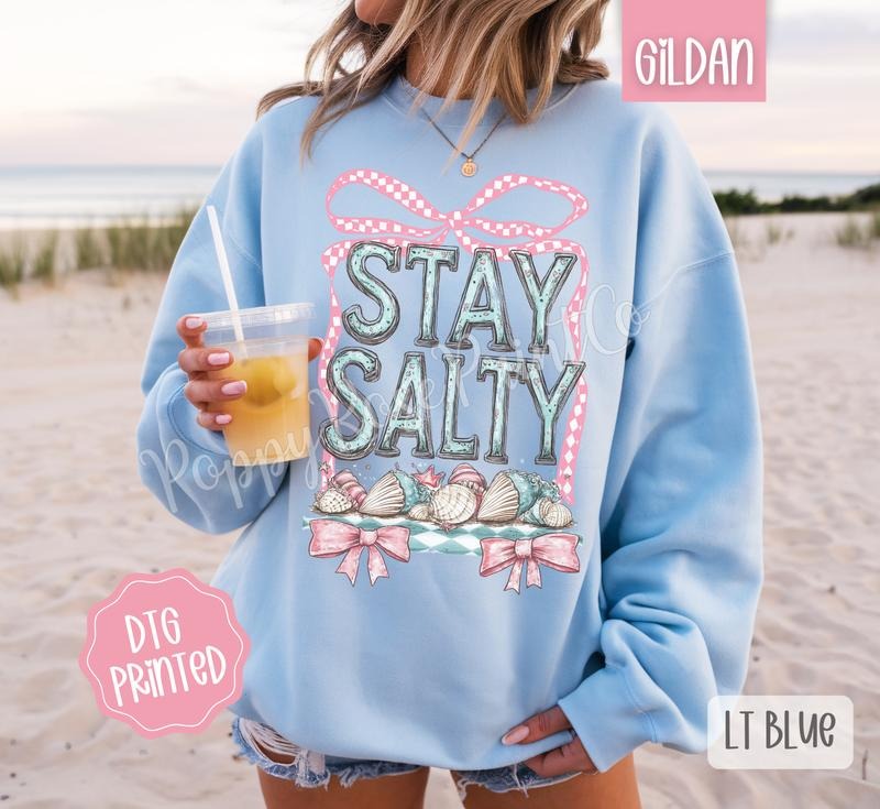 Stay Salty Coquette Sweatshirt, Cute Summer Sweater, Girly Beach Crewneck T-Shirts, Hoodie | HypeDripTees.com