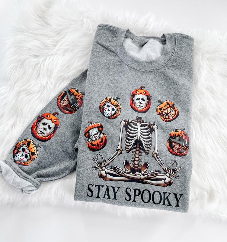 Stay Spooky Halloween Horror Skeleton Sweatshirt or Hoodie with sleeve prints Comfy Unisex Tops T-Shirts | HypeDripTees.com