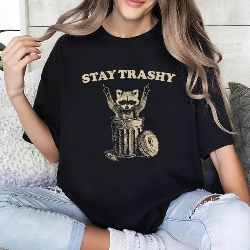 Stay Trashy Raccoon Vintage Tee, Vintage Trashy Raccoon Graphic Tee Women, Funny Raccoon Unhinged Shirts, Unisex Meme...