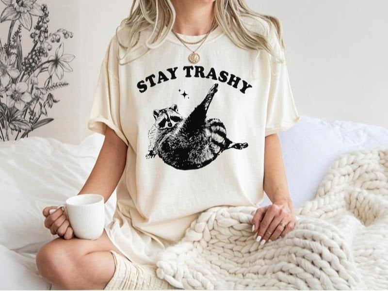 Stay Trashy T-Shirt, Retro Funny Graphic Tees, Racoon Shirt, Raccoon Lover Gift, Meme Graphic T-Shirt, Funny Graphic...