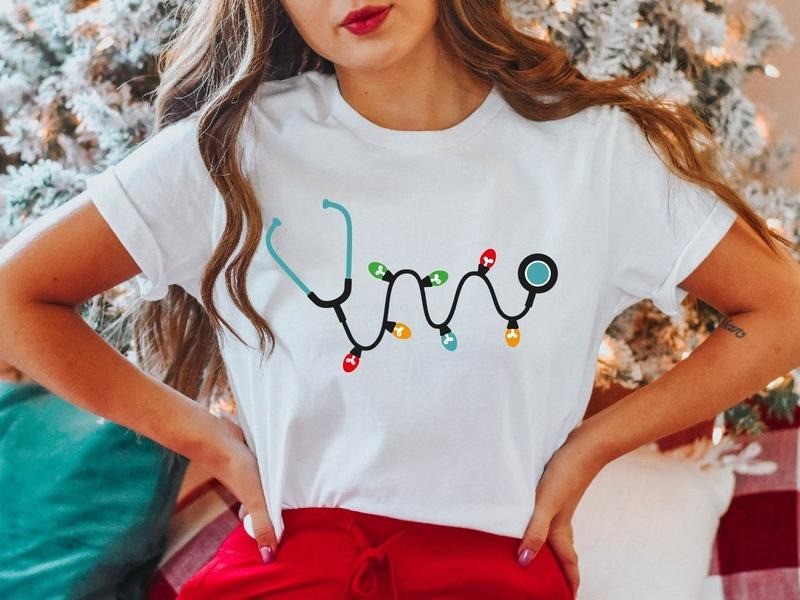 Stethoscope Christmas T-Shirt, Christmas Stethoscope Nurse Shirt, Christmas Lights Tee, Christmas Nursing Tee, Xmas Nurse...