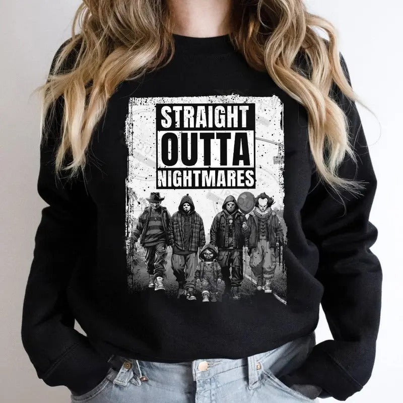 Straight Outta Nightmares Halloween Horror Sweatshirt, Horror Movie Character Sweatshirt, Scary Movie Sweatshirt,...