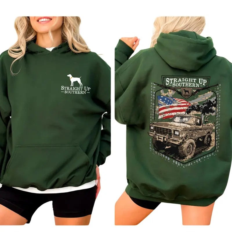 Straight Up Southern T-shirt Sweatshirt Hoodie - Rugged Off-Road Truck Design with American Flag, country boy clothing,...