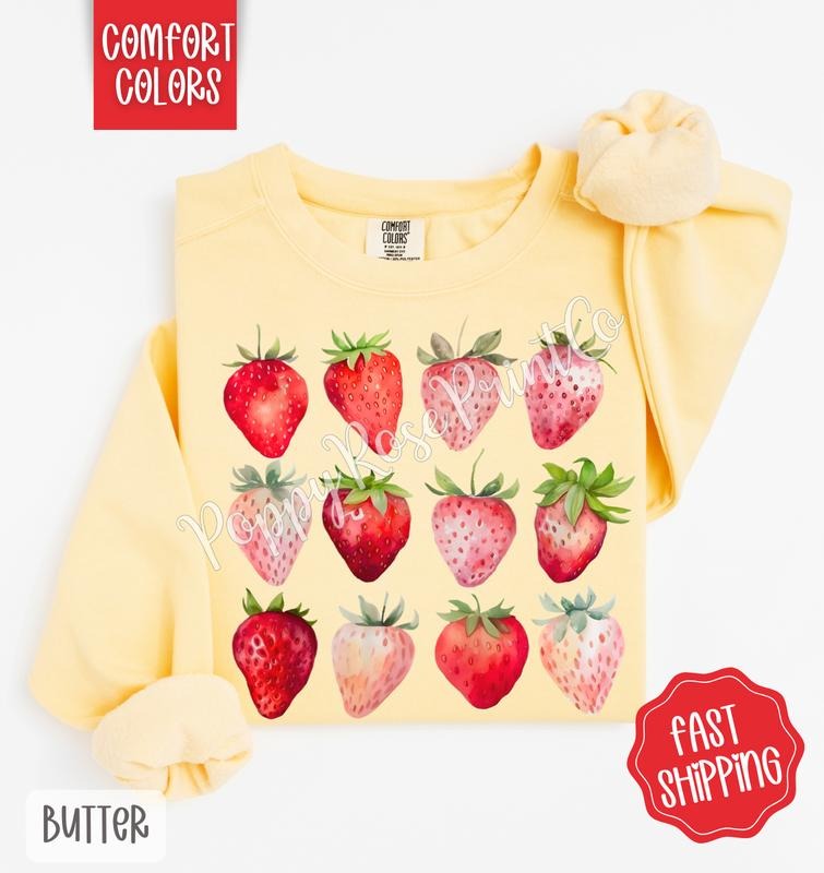 Strawberries Comfort Colors Sweatshirt, Fruit Summer Sweater, Cute Women's Crewneck T-Shirts, Hoodie | HypeDripTees.com