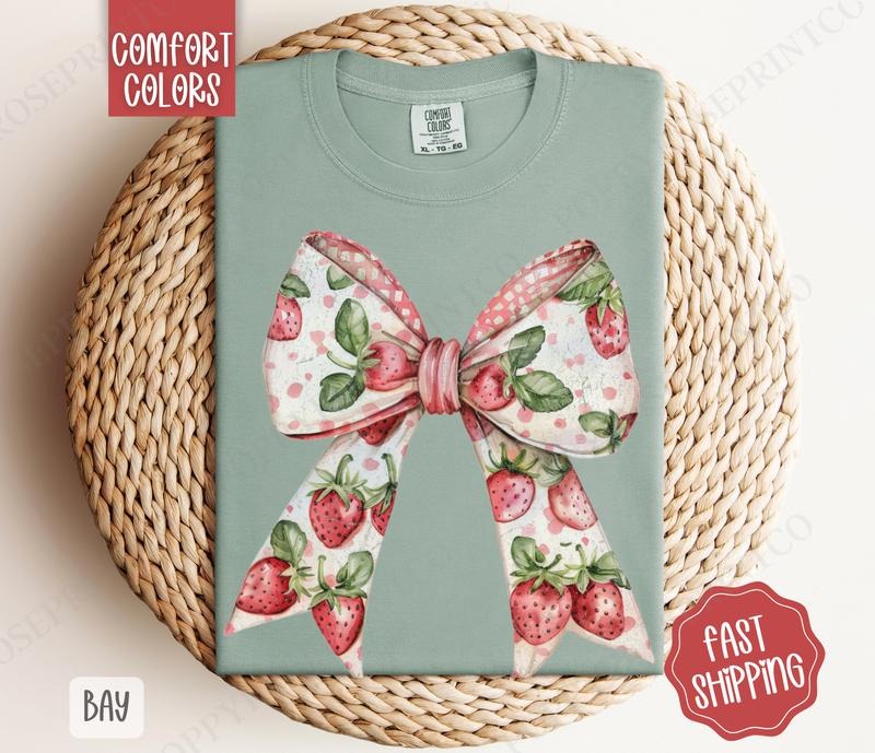Strawberry Bow Comfort Colors Tshirt, Cute Fruit Tee, Girly Aesthetic Shirt Hoodie, Sweatshirt | HypeDripTees.com