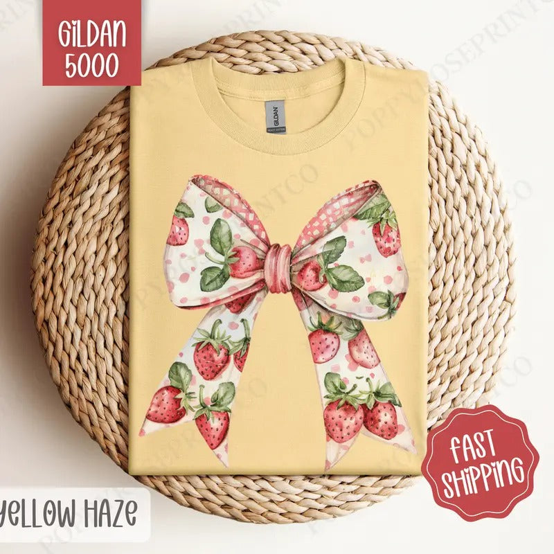 Strawberry Bow Gildan Tshirt, Cute Fruit Tee, Girly Aesthetic Shirt Hoodie, Sweatshirt | HypeDripTees.com