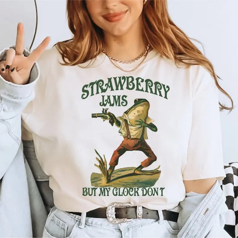 Strawberry Jams But My Glock Don't Shirt  Funny Frog Shirt  Funny Meme Shirt  Gift For Her Classic Cotton Shirt Hoodie,...