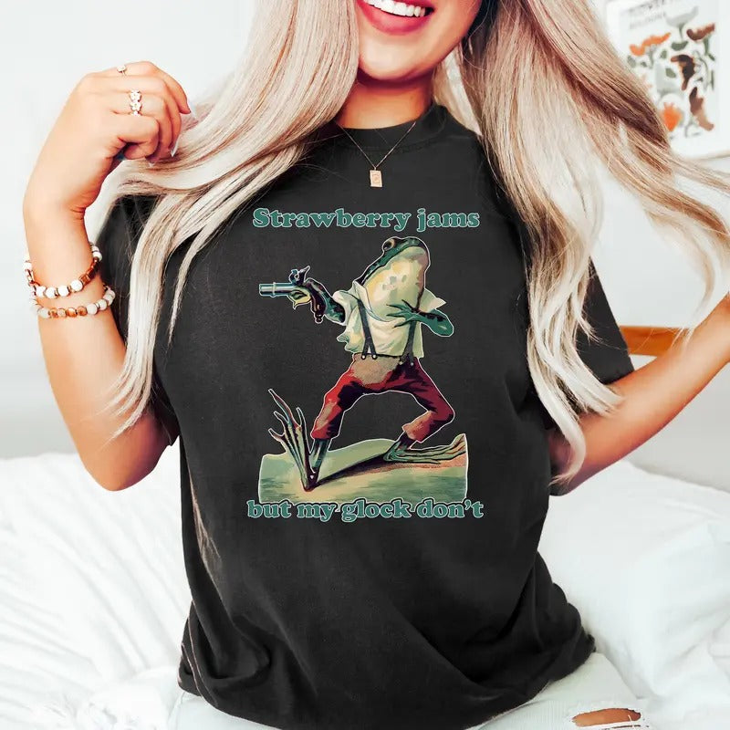 Strawberry Jams But My Glock Don't T-Shirt , Funny Frog T-Shirt, Funny Meme T-Shirt Hoodie, Sweatshirt | HypeDripTees.com