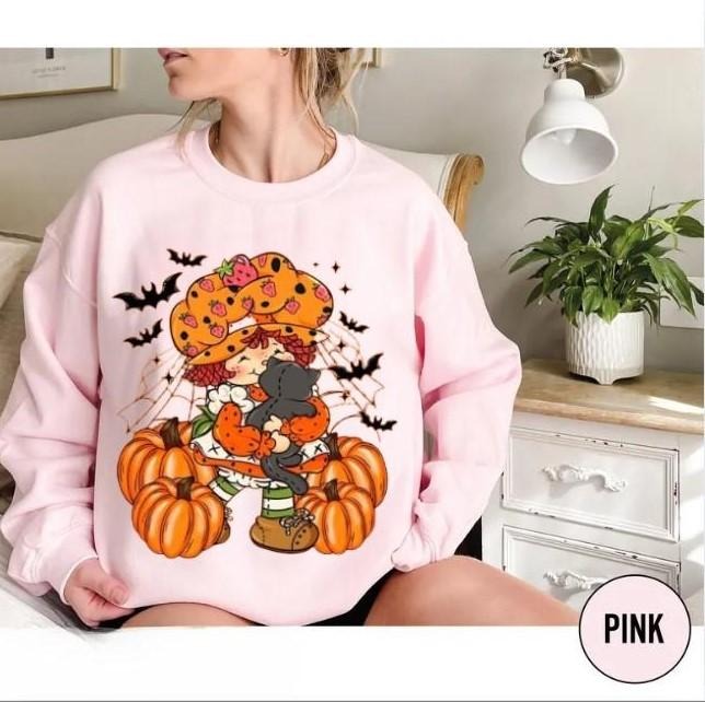 Strawberry Shortcake Halloween Sweatshirt, Cute Pumpkin & Cat Fall Sweatshirt, Vintage Bats Spooky Vibes Crewneck, Retro...