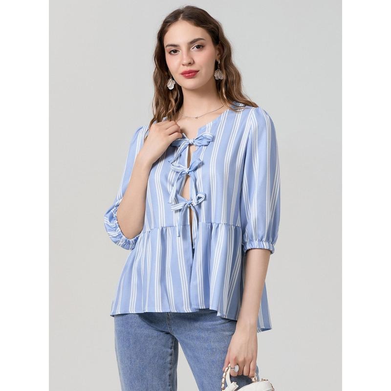 Women's Spring Summer Casual Shirts 3/4 Sleeve O Neck Solid Color/Striped Blouse Polyester Top Light Womenswear Hoodie,...