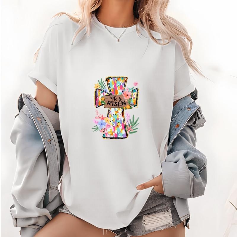 Stylish Women's T - Shirt with Colorful Cross and "He is Risen" Easter - themed Design Hoodie, Sweatshirt | HypeDripTees.com