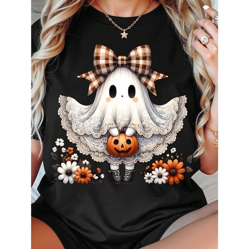 Summer Casual Halloween Ghost Print Short-Sleeved T-Shirt, Halloween T-Shirt, Halloween Cute Ghost T-Shirt, Spooky Ghost...