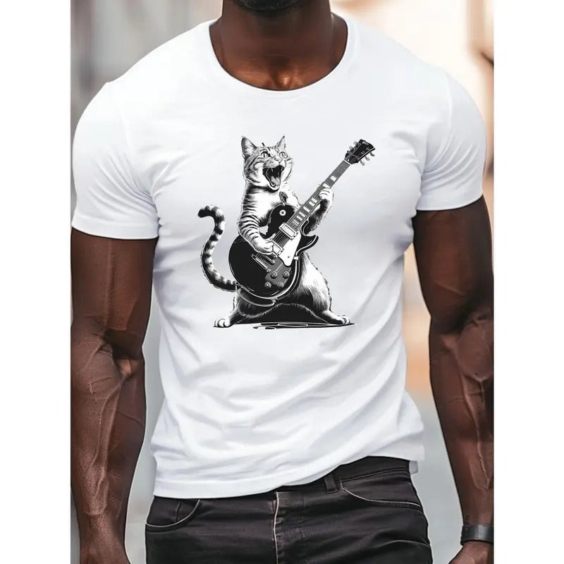 Cat Rock Electric Guitar Print Short Sleeved T-shirt, Casual Comfy Versatile Tee Top, Men's Everyday Spring/Summer...