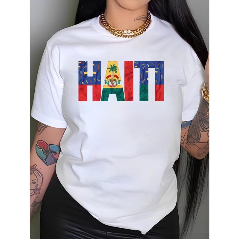 1pc Women'S Casual Cotton T-Shirt with Haitian Flag Alphabet Print, Crew Neck, Short Sleeve, Regular Length