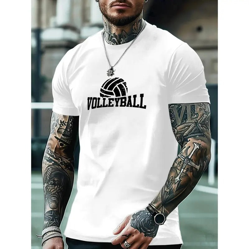 Summer Essential Men's Short Sleeve Volleyball Print T-Shirt, Casual Crew Neck Tee for Trendy Guys Made in USA Hoodie,...