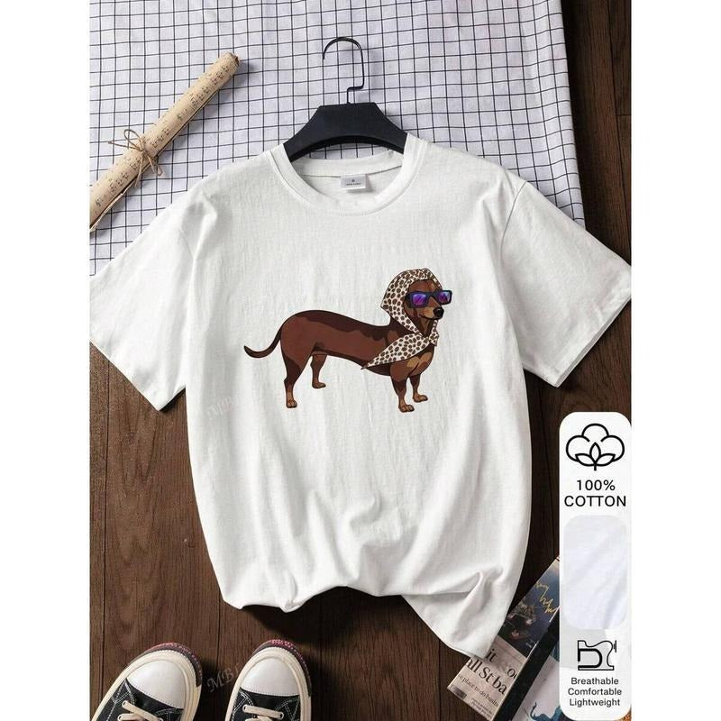 Summer Loose T-Shirt For Women, Dachshund Dog Wearing Glasses Print, 100% Cotton,White Short Sleeve Graphic Short Sleeve...