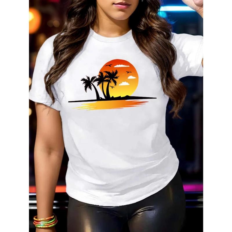 Women's Tropical Beach Sunset Graphic Tee - 100%, Casual Round Neck Short Sleeve T-Shirt, Breathable & Stylish, White...