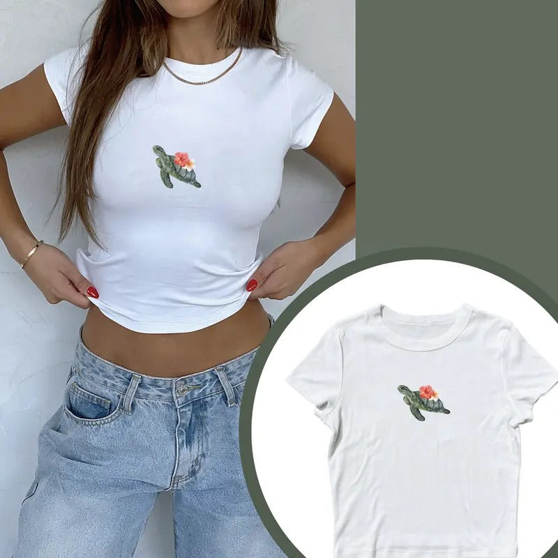 Summer Sea Turtle Baby Tee, Hibiscus Coquette Baby Tee, Vintage Graphic Top, Pinterest Aesthetic, 90s Tshirt, Y2K Shirt,...