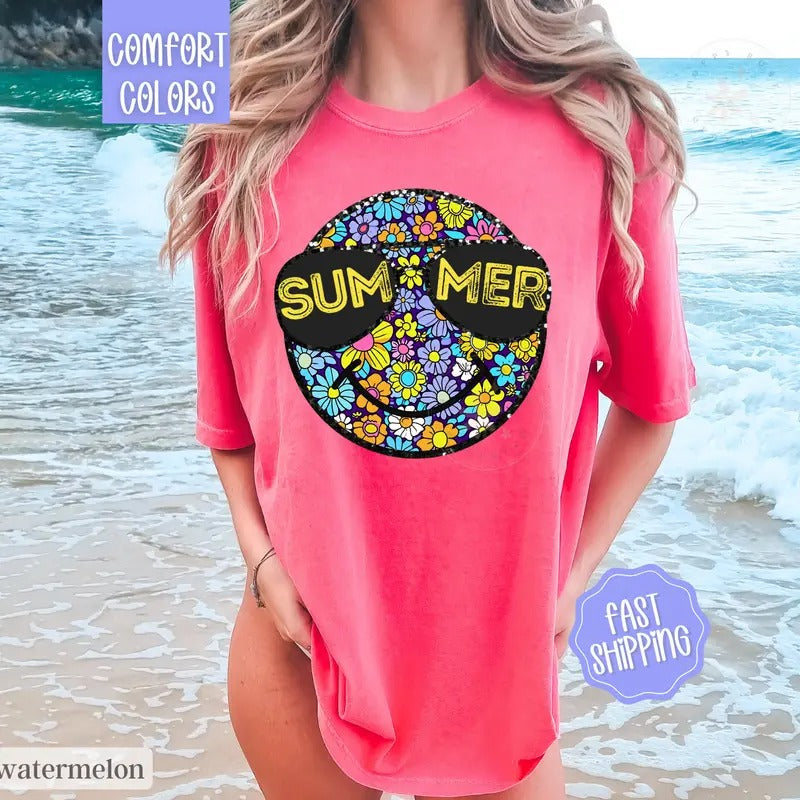 Summer Smiley Beach Shirt Comfort Colors, Cute Oversized Swimsuit Cover Hoodie, Sweatshirt | HypeDripTees.com