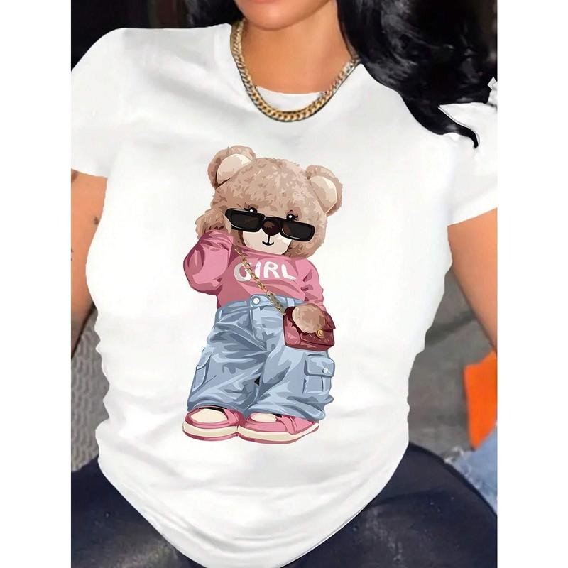 Stylish Cartoon Bear Crew Neck T-Shirt - Women's Casual Spring/Summer Tee