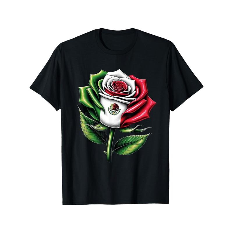 Summer Tshits Mexico Flag Mexican Flower Patriotic Rose Mexico Print T-Shirt, Casual Short Sleeve Top For Spring &...