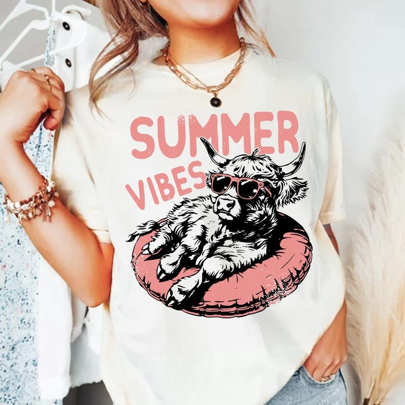 Summer Vibes Shirt | Highland Cow Shirt | Retro Summer Sweater | Funny Beach Hoodie | Summer Sweater | Beach Graphic...