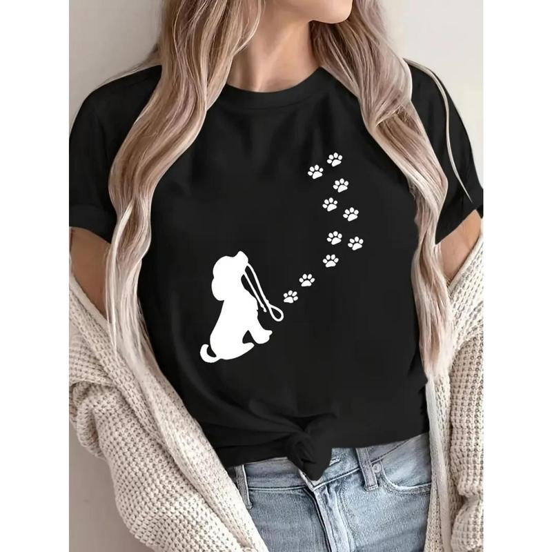 Women's Black 100% Cotton T-Shirt with Cute Cartoon Dog & Paw Print Graphic