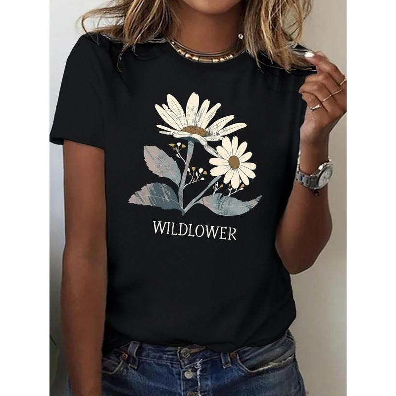 Women's Wildflower Print Casual Short Sleeve T-Shirt -  with Floral Design, Breathable Round Neck Top for Spring/Summer,...