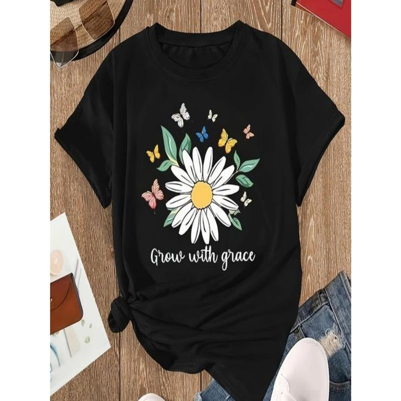 Women's Black 100% Cotton T-Shirt with "Grow with Grace" Floral & Butterfly Graphic Print