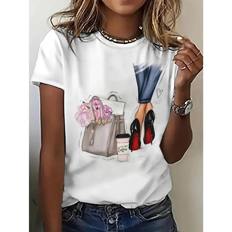 Women's Casual Loose Fit Cotton T-Shirt with Cartoon Print & Heart Design
