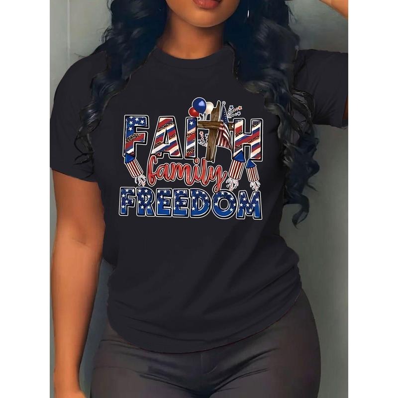 Women'S Graphic Tee -  Short Sleeve Crew Neck T-Shirt, Patriotic Design with American Flag Elements, Comfortable Casual...