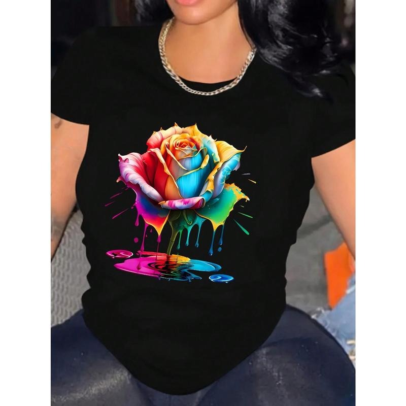 Women's Casual Floral Print T-Shirt, Polyester Blend, Relaxed Fit, Round Neck, Machine Washable, Spring/Summer Hoodie,...