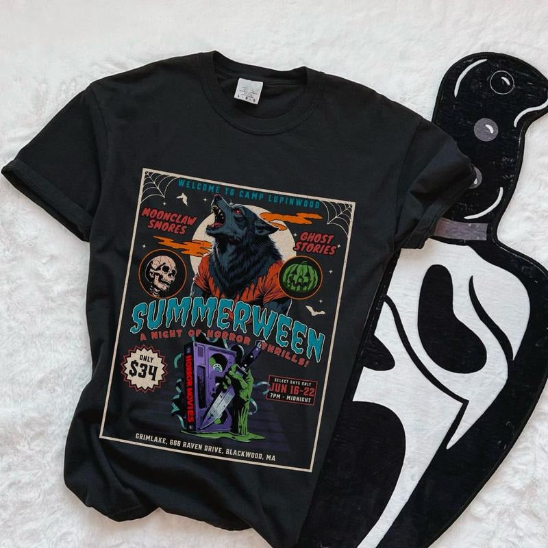 Summerween Wolf Shirt, 90s Mummy Shirt, Slasher Summer Camp Sweater, 80's Retro Horror Movie T-Shirt, Boo Basket Spooky...