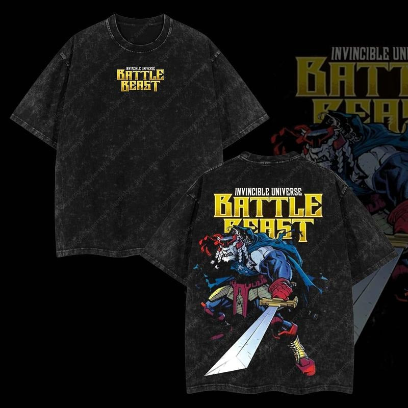 Superstyle Limited Battle Beast vs Invincible - Invincible War Comic Double Printed Oversize Lightweight Acid Washed Tee...