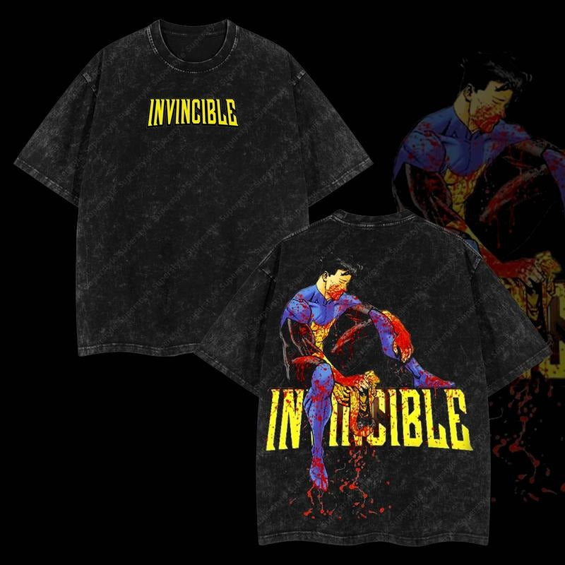 Superstyle Limited Bloodied but Unbroken Mark Invincible War Comic Double Printed Oversize Lightweight Acid Washed Tee TV...