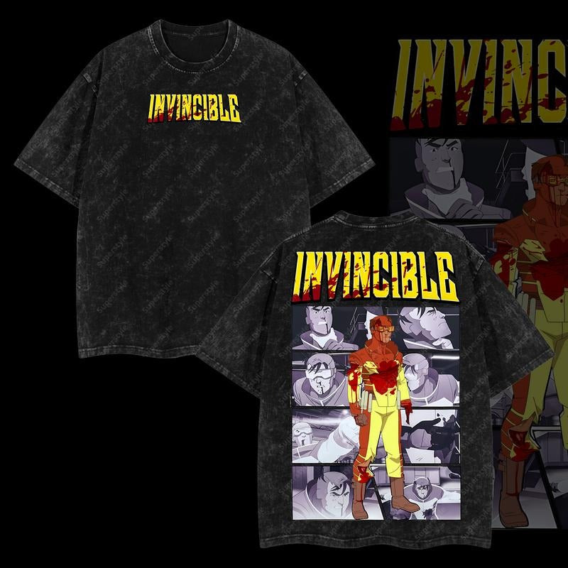 Superstyle Limited Edition Mark Invincible Evil Invincible War Comic Double Printed Oversize Lightweight Acid Washed Tee...