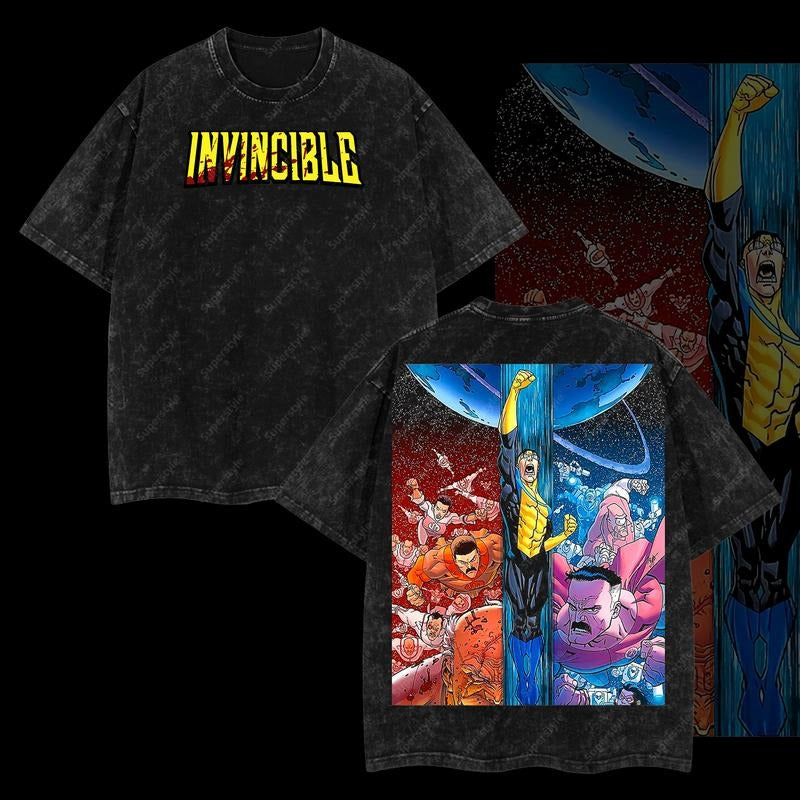 Superstyle Split Between Worlds Mark Invincible War Comic Double Printed Oversize Lightweight Acid Washed Tee TV Series...