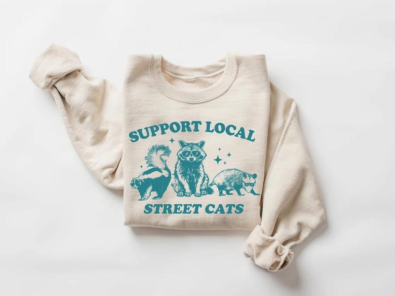 Support Your Local Street Cats Graphic T-Shirt, Retro Unisex Adult T Shirt, Vintage Raccoon T Shirt, Menswear Top Hoodie,...
