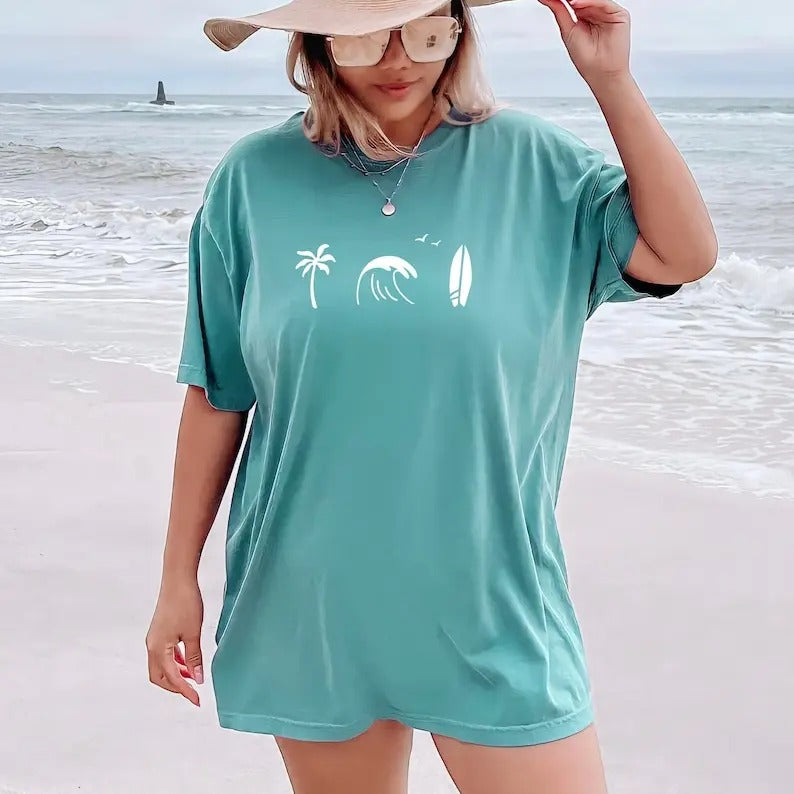 Surfing Ocean Palm Tree Sun Comfort Colors T Shirt, Beach Bum T-shirt, Surf Board Ocean Tee Summer Shirt Soft Traditional...