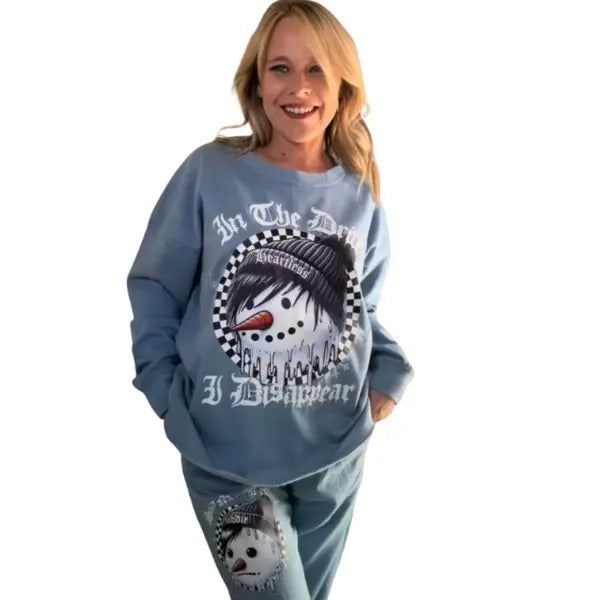 Unisex Blue Mist Sweatpant Set - "In the Drift, I Disappear" Melting Snowman Hoodie/Sweatshirt & "Slowly Melting Down"...